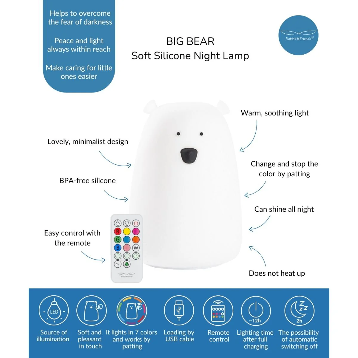 Rabbit & Friends Big Bear Silicone Night Light with Remote Control - Image 3
