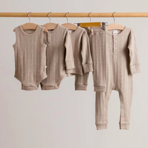 Woolbabe Organic Cotton/Merino Long Sleeve Henley Bodysuit Dune Marl - Image 10