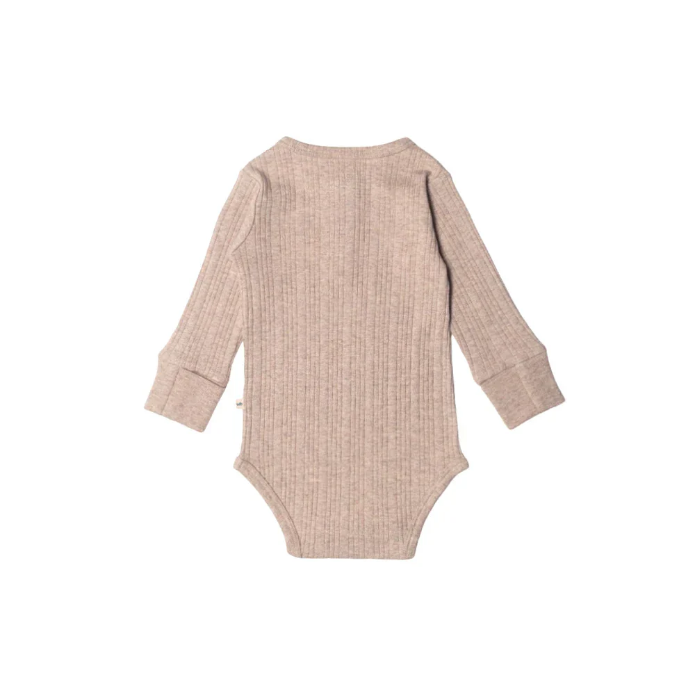 Woolbabe Organic Cotton/Merino Long Sleeve Henley Bodysuit Dune Marl - Image 2