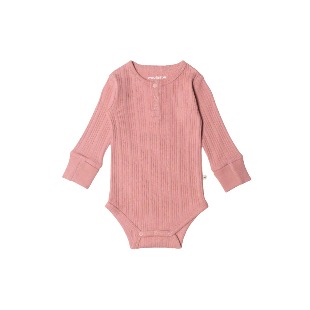 Woolbabe Organic Cotton/Merino Long Sleeve Henley Bodysuit Dusk Marl