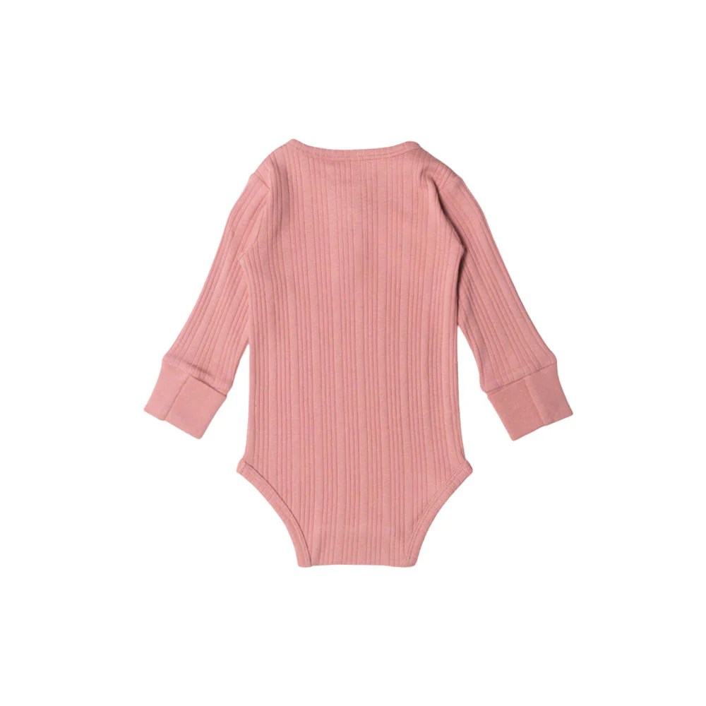 Woolbabe Organic Cotton/Merino Long Sleeve Henley Bodysuit Dusk Marl - Image 2