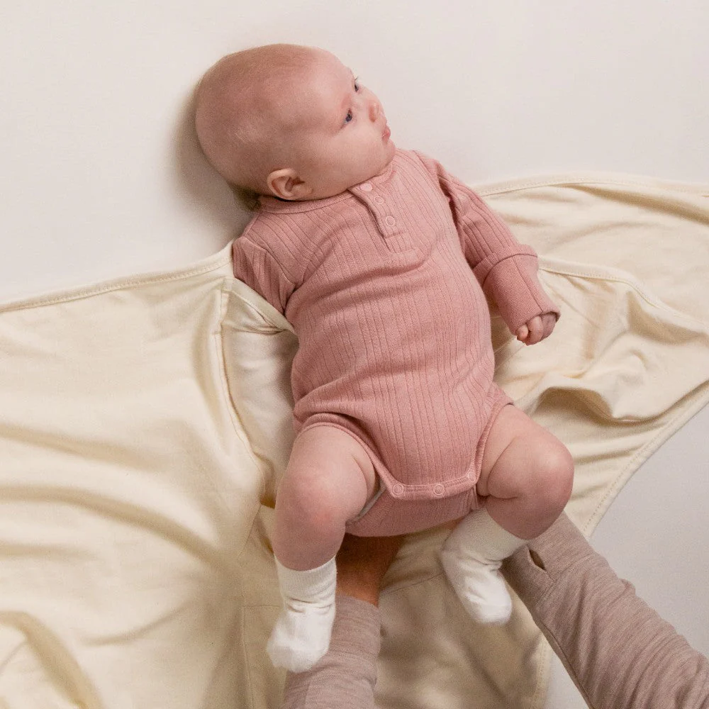 Woolbabe Organic Cotton/Merino Long Sleeve Henley Bodysuit Dusk Marl - Image 3