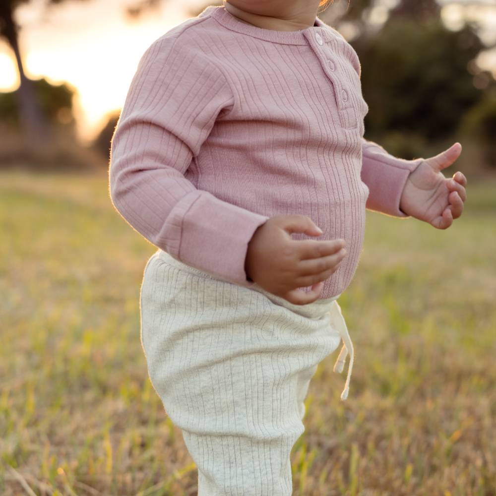 Woolbabe Organic Cotton/Merino Long Sleeve Henley Bodysuit Dusk Marl - Image 4