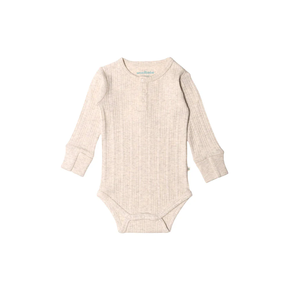 Woolbabe Organic Cotton/Merino Long Sleeve Henley Bodysuit Natural Marl