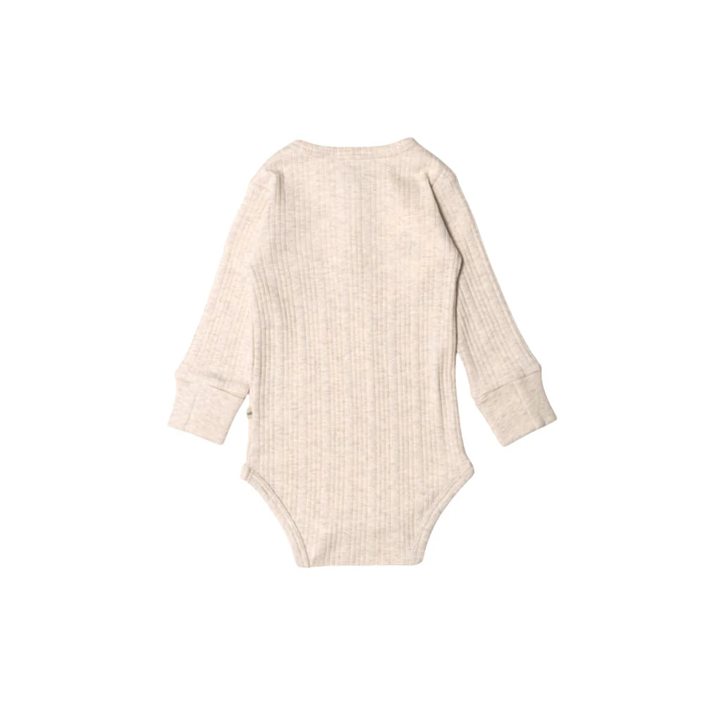 Woolbabe Organic Cotton/Merino Long Sleeve Henley Bodysuit Natural Marl - Image 2