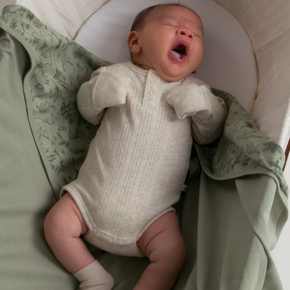 Woolbabe Organic Cotton/Merino Long Sleeve Henley Bodysuit Natural Marl - Image 4