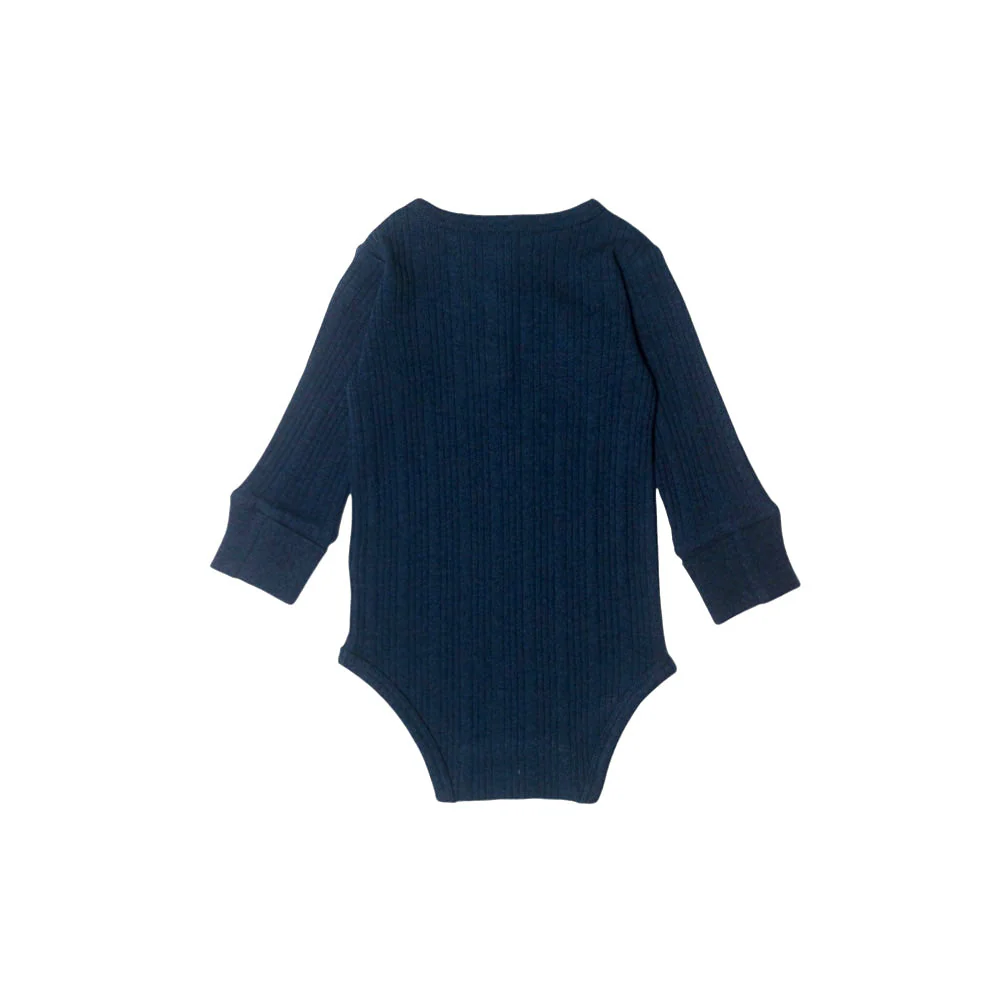 Woolbabe Organic Cotton/Merino Long Sleeve Henley Bodysuit Tekapo Marl - Image 2