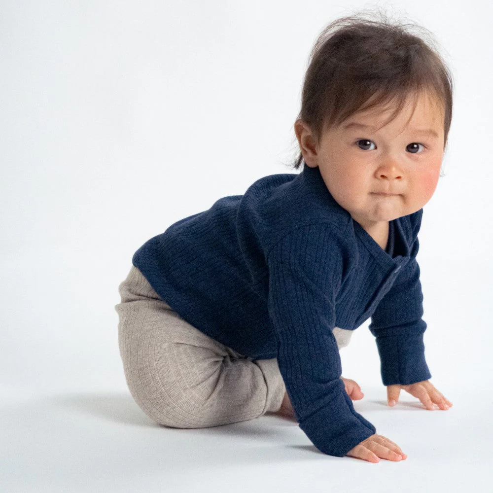 Woolbabe Organic Cotton/Merino Long Sleeve Henley Bodysuit Tekapo Marl - Image 3