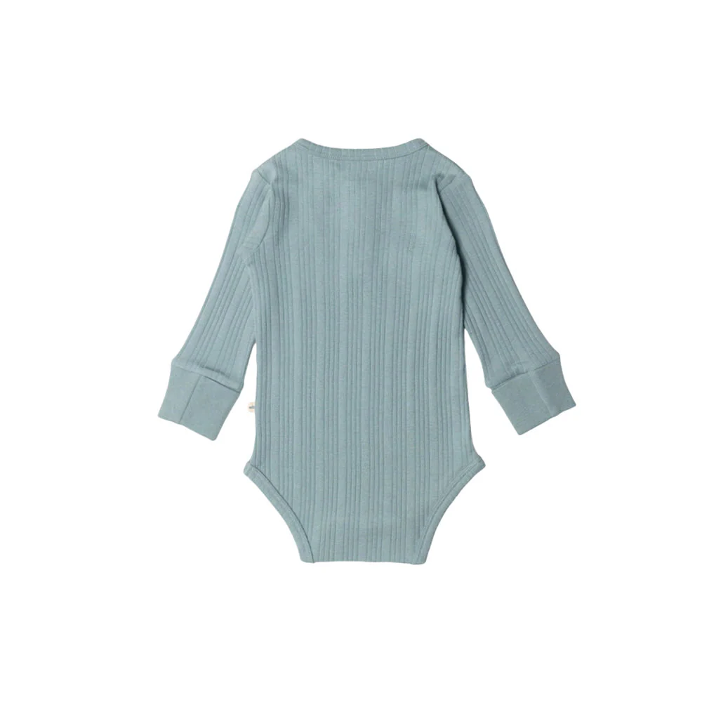 Woolbabe Organic Cotton/Merino Long Sleeve Henley Bodysuit Tide Marl - Image 2
