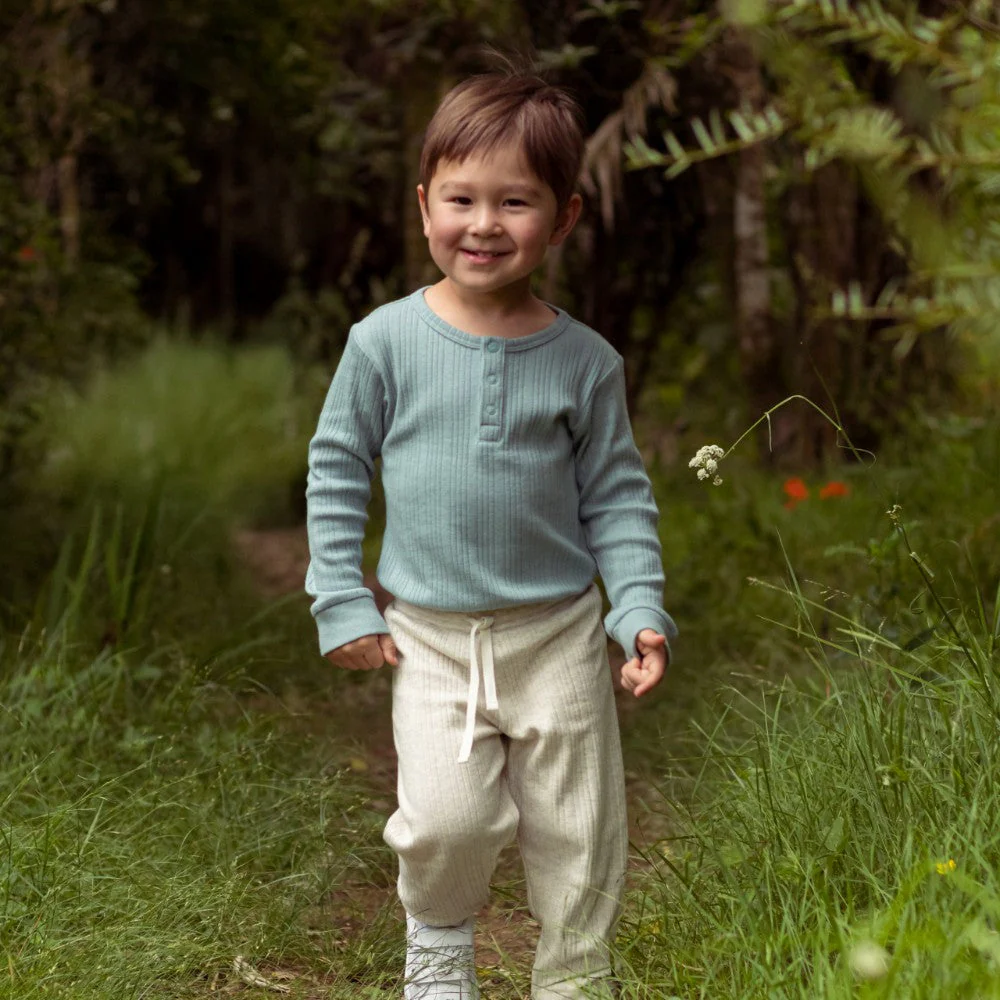 Woolbabe Organic Cotton/Merino Long Sleeve Henley Bodysuit Tide Marl - Image 3