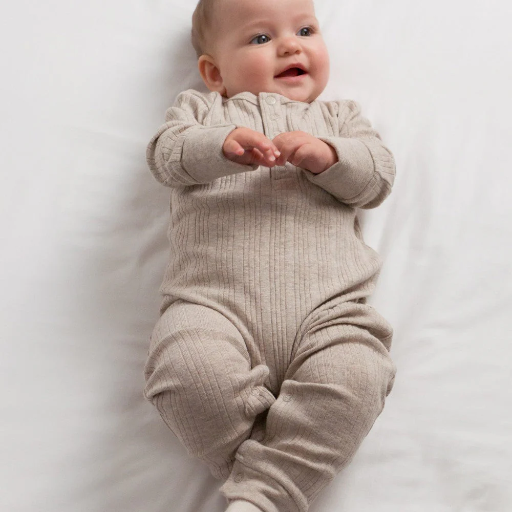 Woolbabe Organic Cotton/Merino Long Sleeve Henley Suit Dune Marl - Image 3