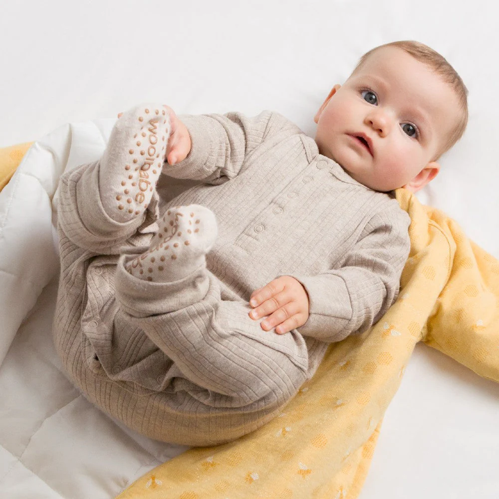 Woolbabe Organic Cotton/Merino Long Sleeve Henley Suit Dune Marl - Image 4