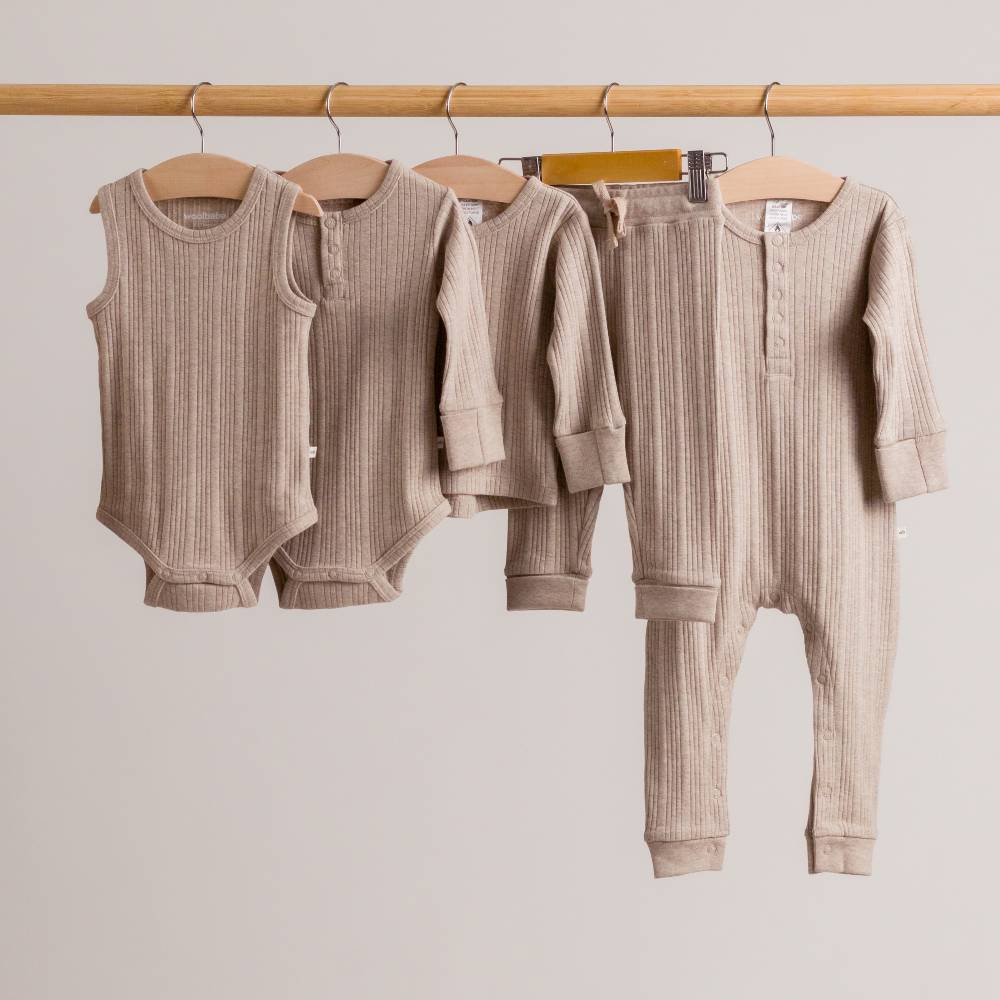 Woolbabe Organic Cotton/Merino Long Sleeve Henley Suit Dune Marl - Image 5