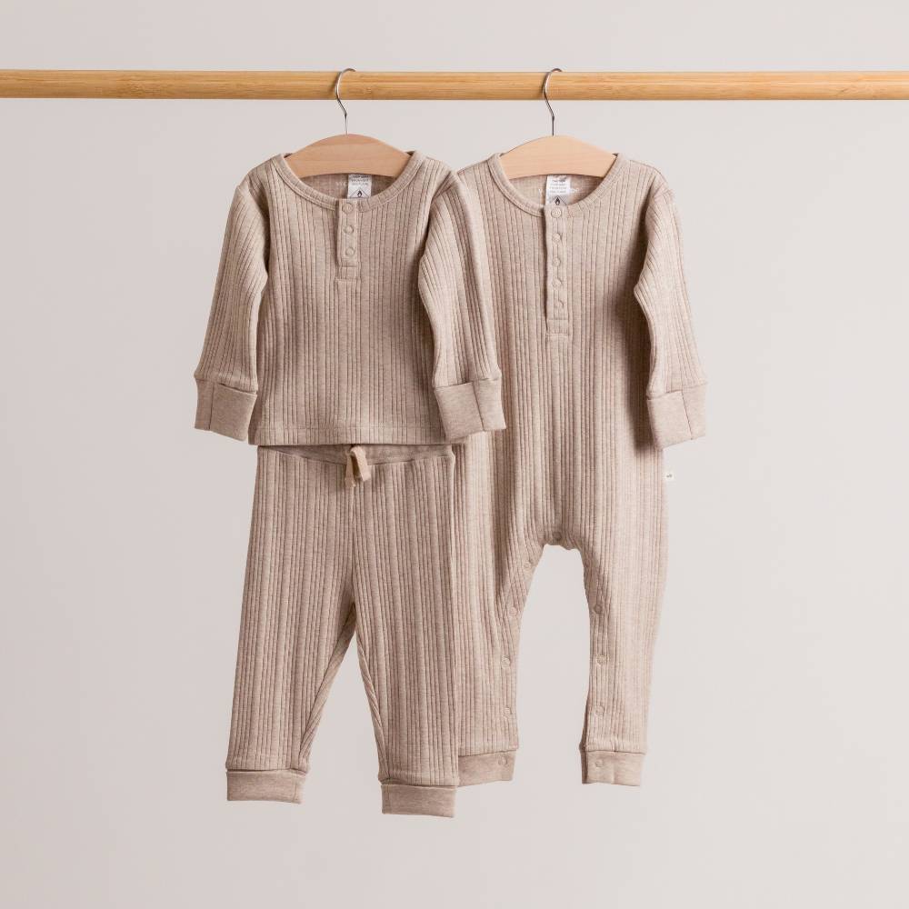 Woolbabe Organic Cotton/Merino Long Sleeve Henley Suit Dune Marl - Image 6