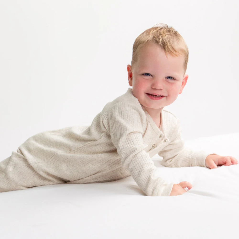 Woolbabe Organic Cotton/Merino Long Sleeve Henley Suit Natural Marl - Image 3