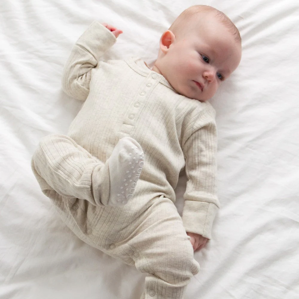 Woolbabe Organic Cotton/Merino Long Sleeve Henley Suit Natural Marl - Image 4