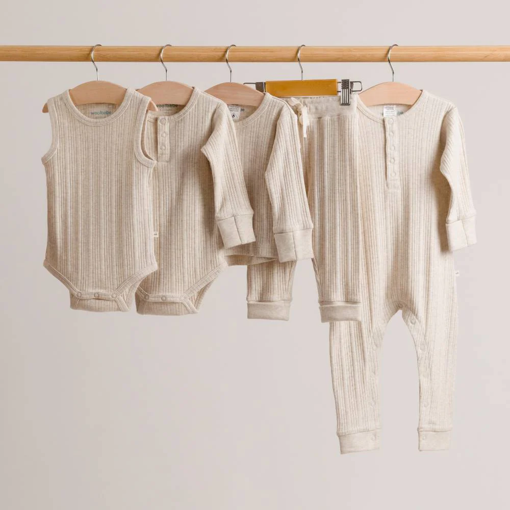 Woolbabe Organic Cotton/Merino Long Sleeve Henley Suit Natural Marl - Image 6