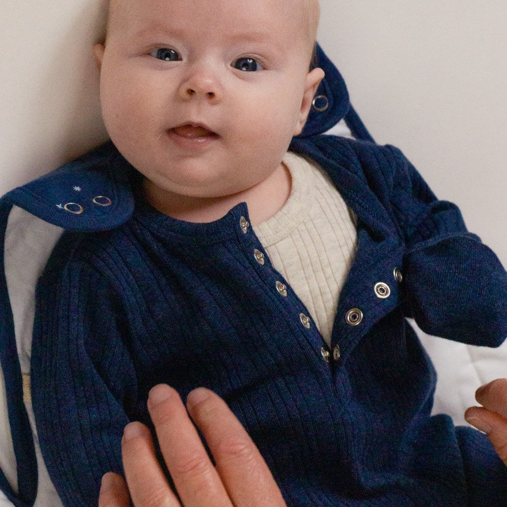 Woolbabe Organic Cotton/Merino Long Sleeve Henley Suit Tekapo Marl - Image 4