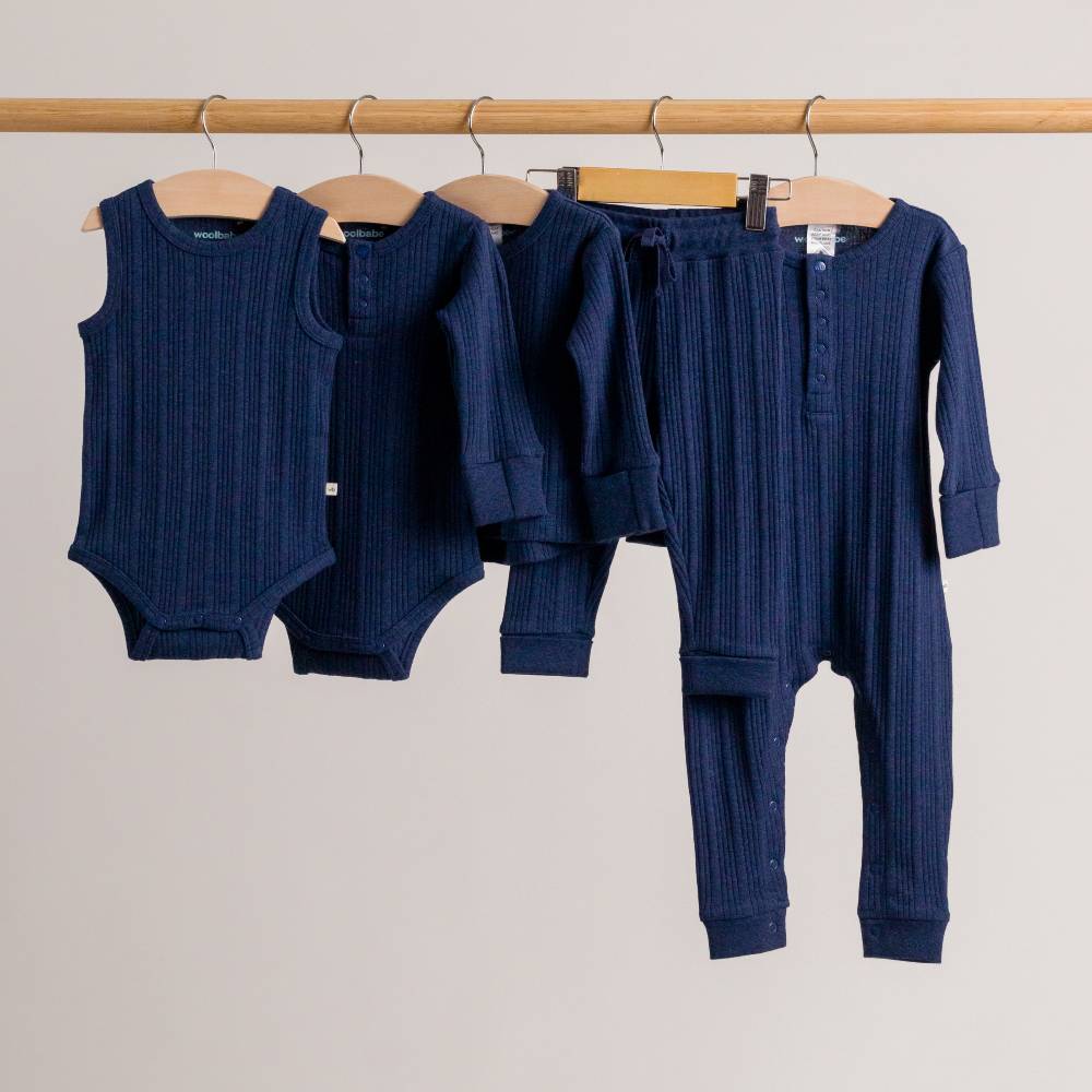 Woolbabe Organic Cotton/Merino Long Sleeve Henley Suit Tekapo Marl - Image 5