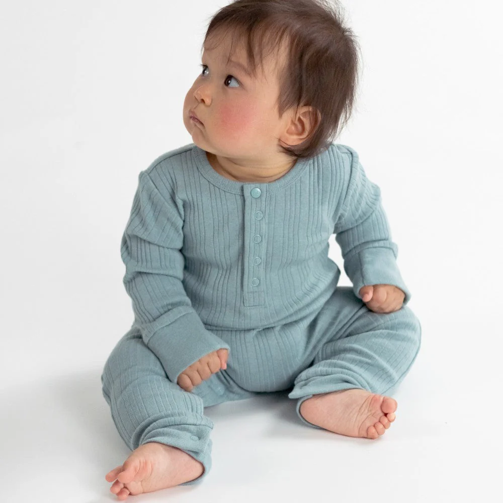 Woolbabe Organic Cotton/Merino Long Sleeve Henley Suit Tide Marl - Image 3
